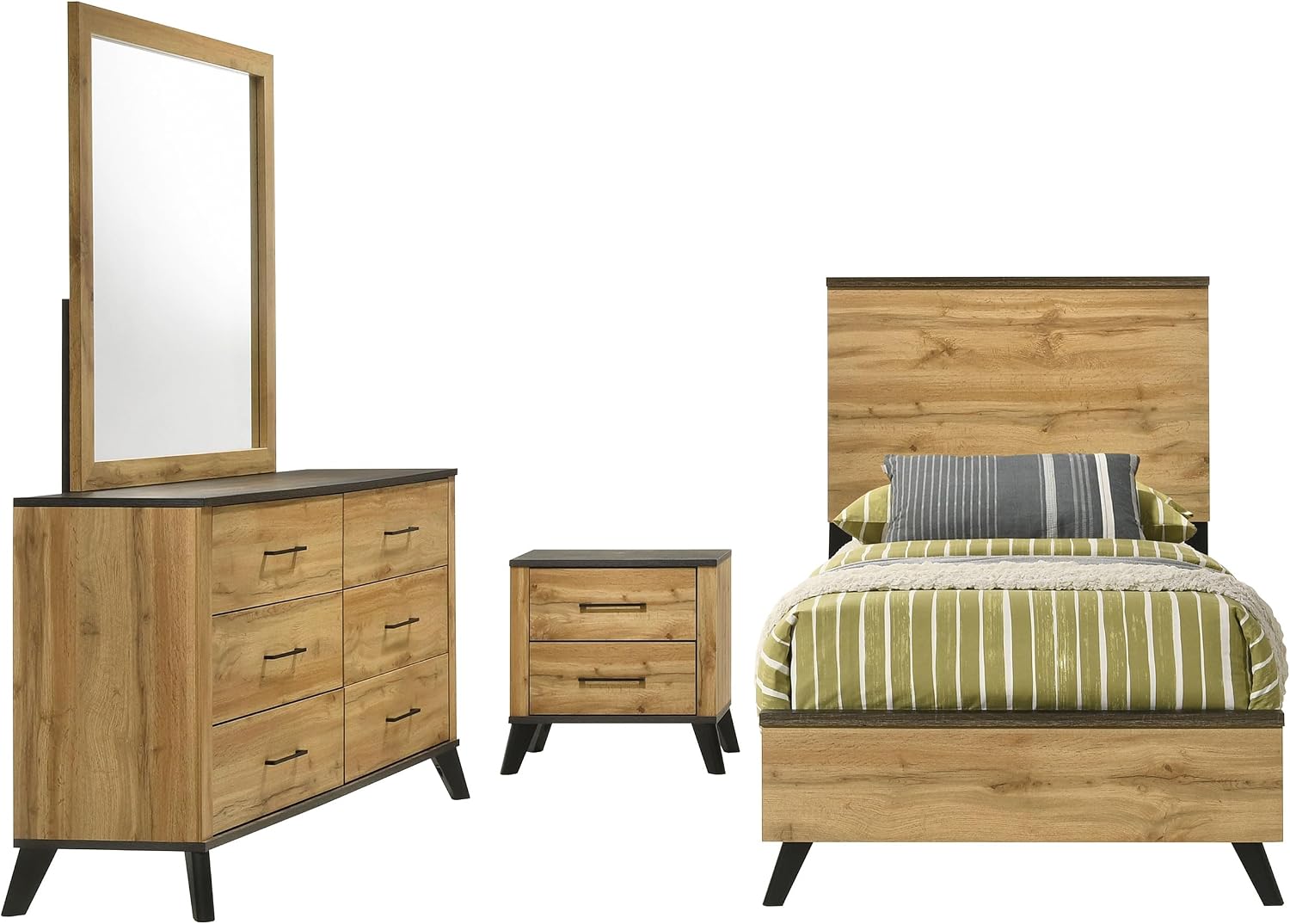 Coaster Home Furnishings Kaywood Mid-Century Modern 4-Piece Bedroom Set Twin Size Panel Bed Frame 52-inch Headboard Weathered Brown and Natural Pine 225001T-S4