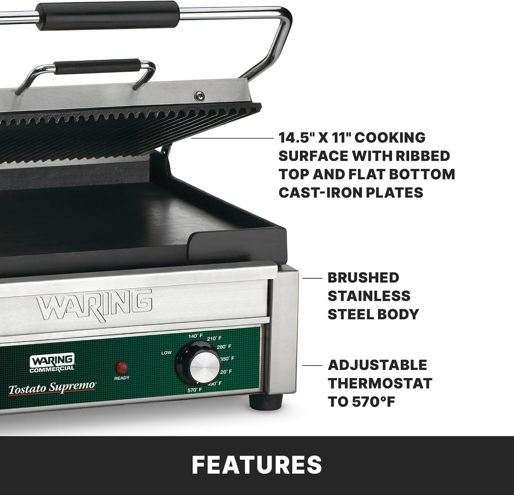 Waring Commercial Panini Press, Ribbed & Flat Cast Iron Plates, 14.5' x 11' Cooking Surface, 570°F Adjustable Thermostat, for Sandwiches up to 3' Thick, Professional Kitchen Grill, 120V, WDG250