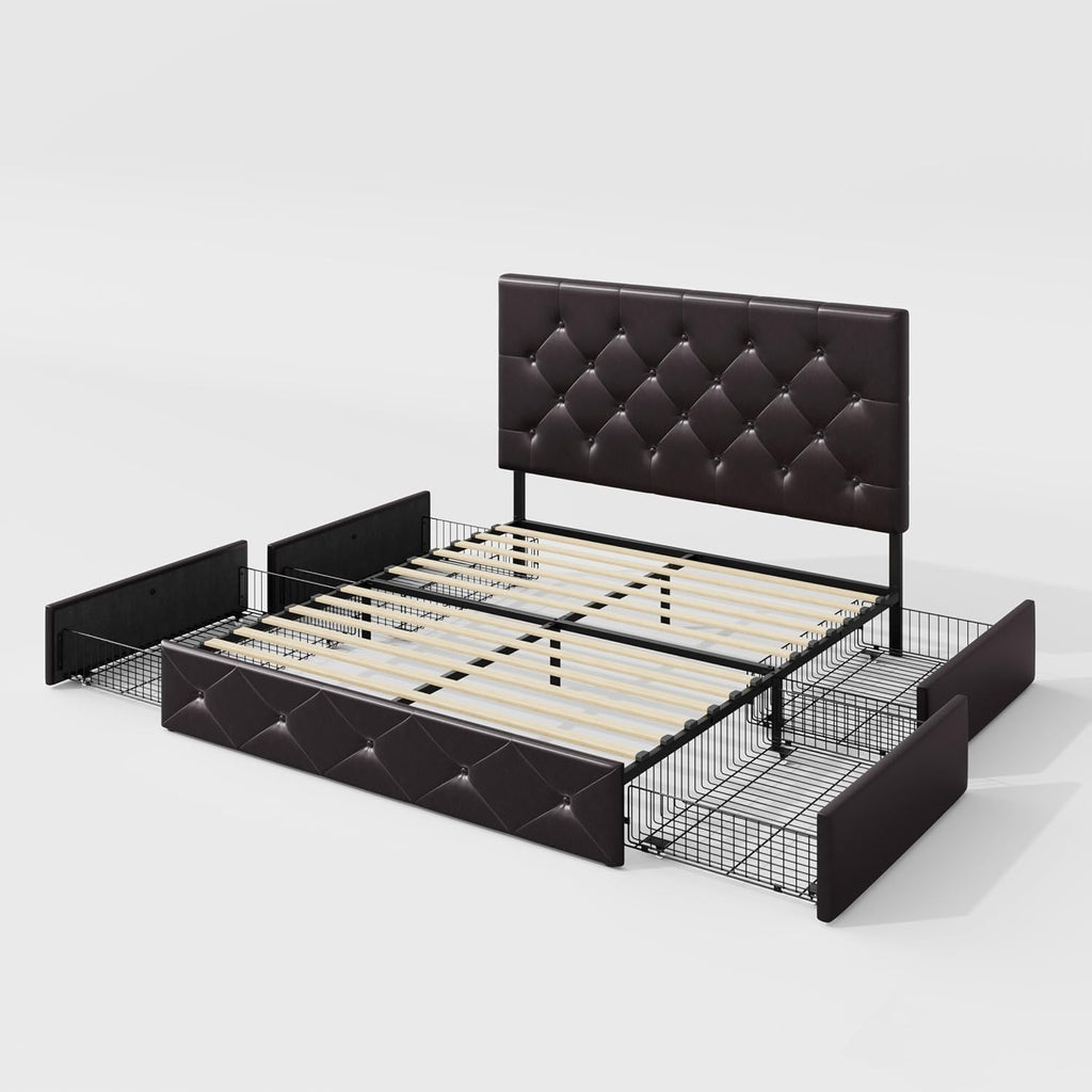 Allewie Upholstered Full Size Platform Bed Frame with 4 Storage Drawers and Headboard, Diamond Stitched Button Tufted, Mattress Foundation with Wooden Slats Support, No Box Spring Needed, Black Brown