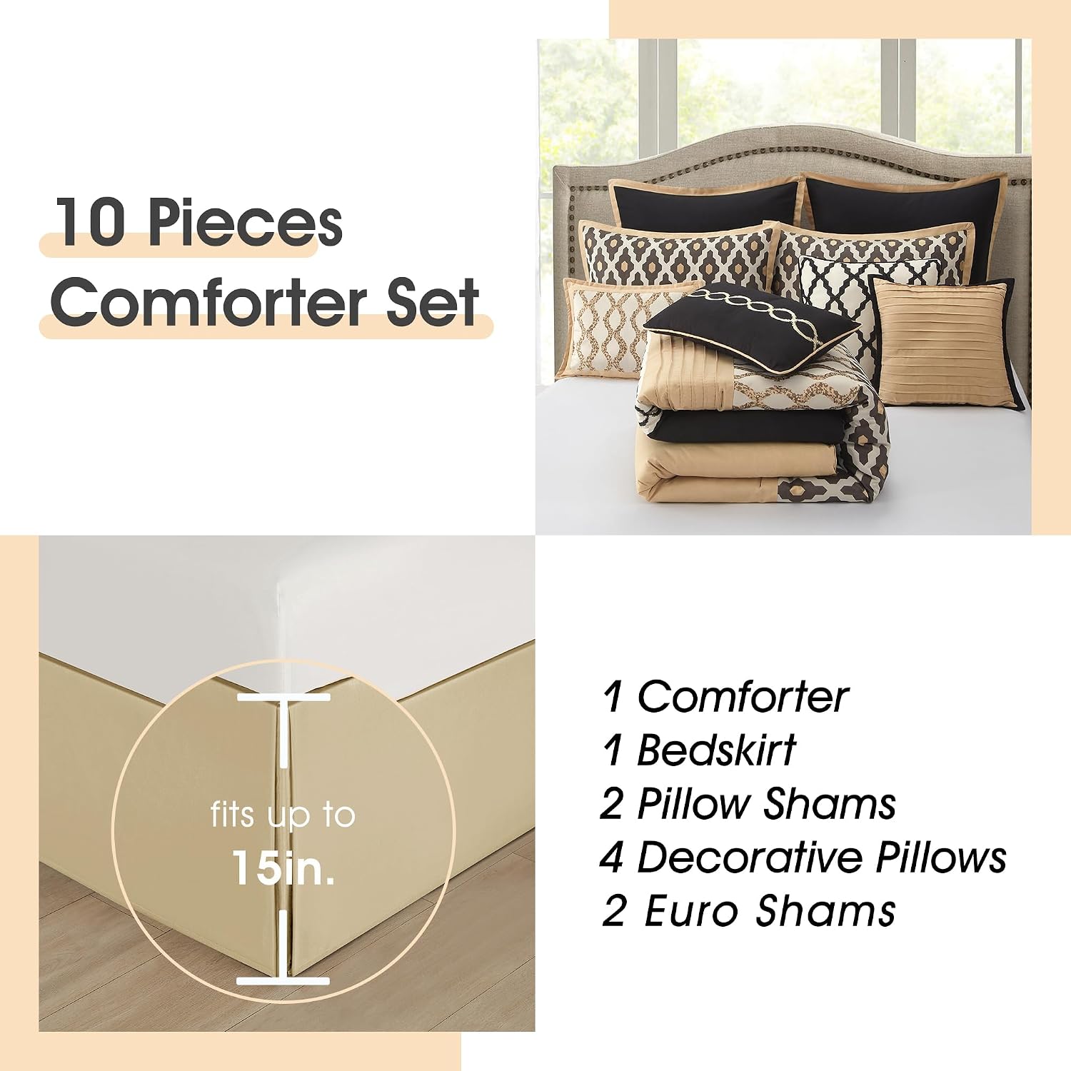 LANCO MODERN LIFESTYLE King Size Comforter Set, Black Gold, 10 Piece Bed in a Bag for All Seasons, Luxury Extreme Comfort Bedding Sets with Bedskirt, Pillow Shams, Euro Shams and Decor Pillows