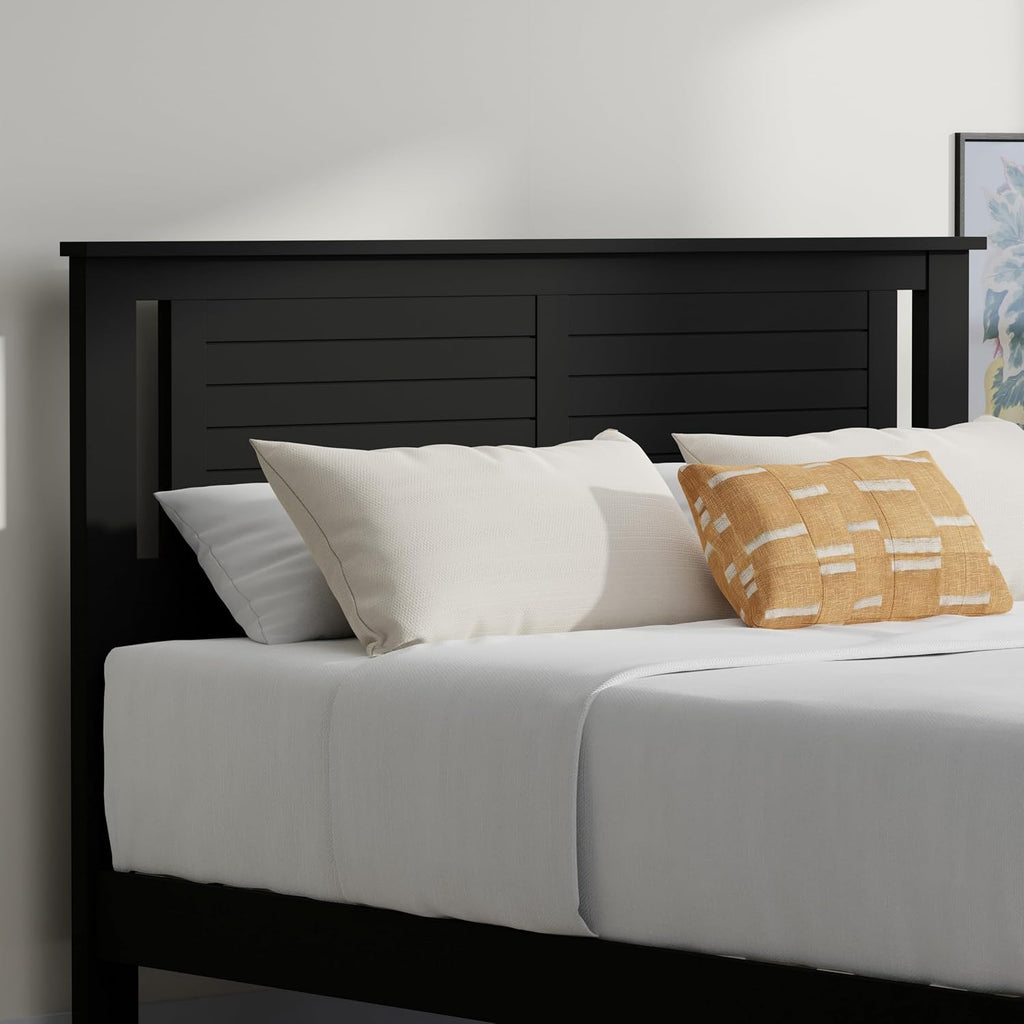 ComfIQ Solid Wood Platform Bed with Wooden Slats – Durable Frame, No Box Spring Required, Ample Underbed Storage, Black, Queen, Bed and Horizontal Slat Headboard