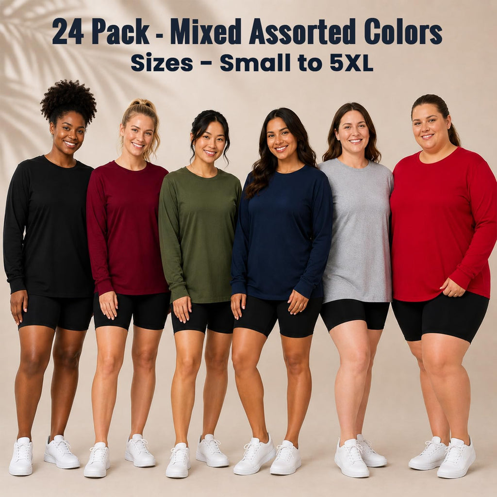 Womens Long Sleeve Oversized T-Shirts Cotton Casual Fit Sleeved Tees Tops Baggy Style Bulk Wholesale Tshirt Packs