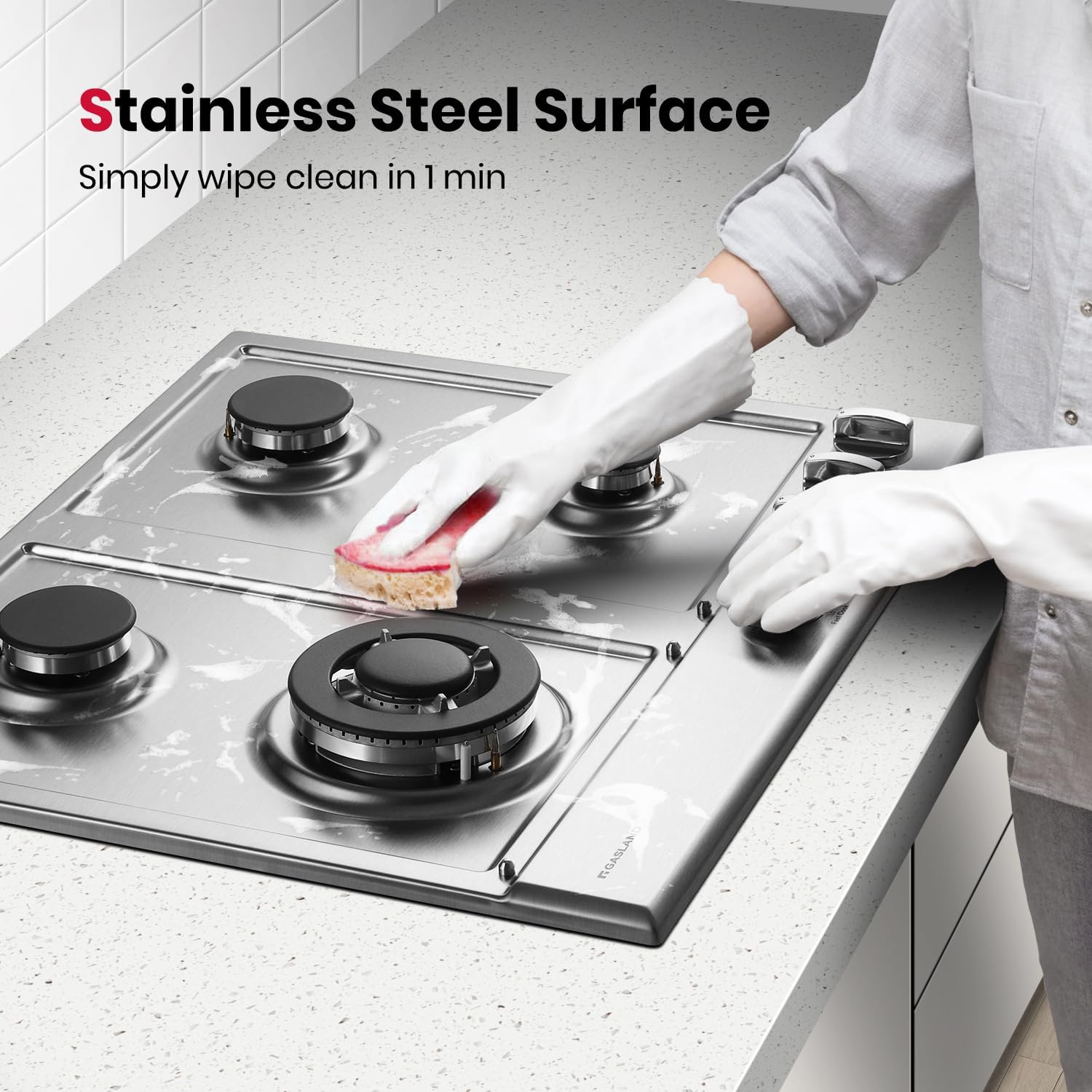 GASLAND 24 Inch Gas Cooktop with Griddle, 4 Sealed Burners Stovetop, LPG/NG Convertible Dual Fuel Natural Gas Hob, Heavy Duty Cast Iron Grates, Electronic Ignition, Zinc Alloy Knobs, Stainless Steel