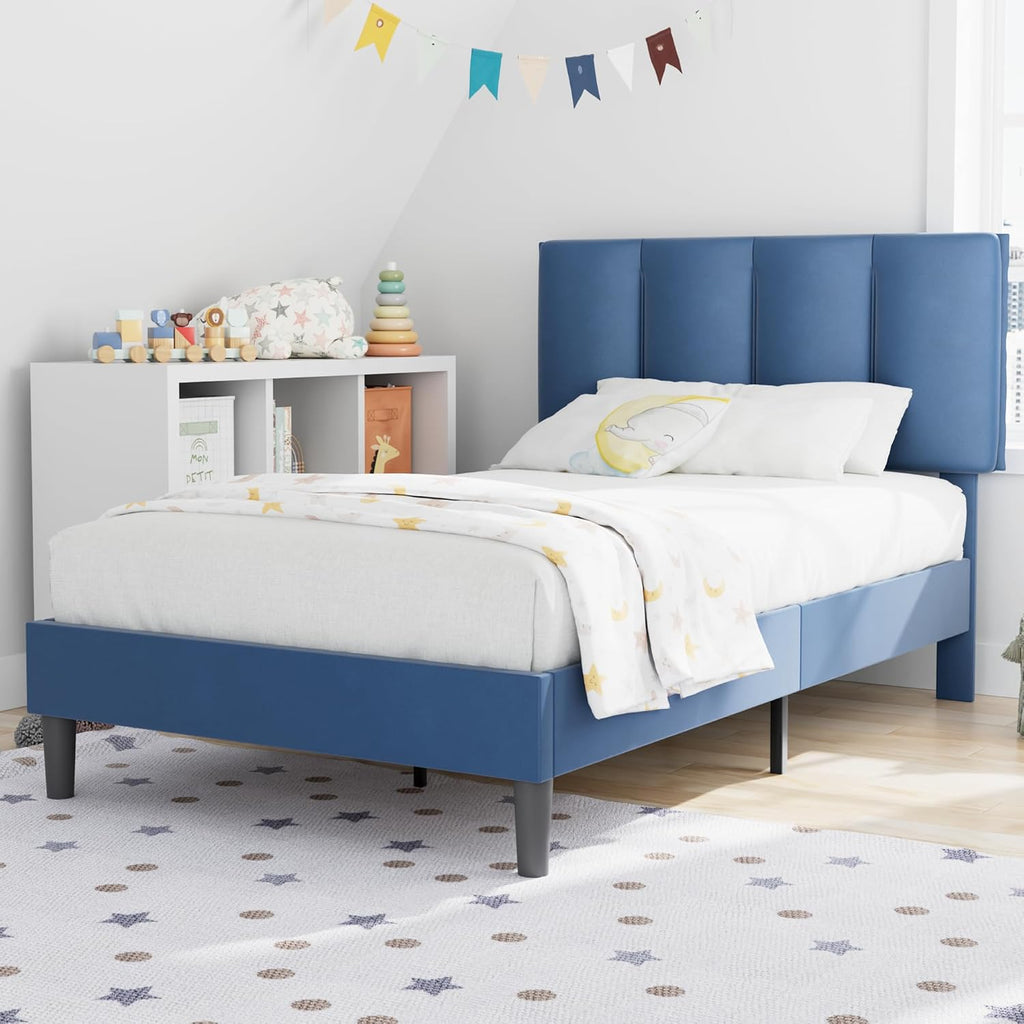 VECELO Twin Size Bed Frame with Upholstered Headboard, Heavy-Duty Bedframe with Wooden Slats & Steel Framework, Easy Assembly, Dark Blue