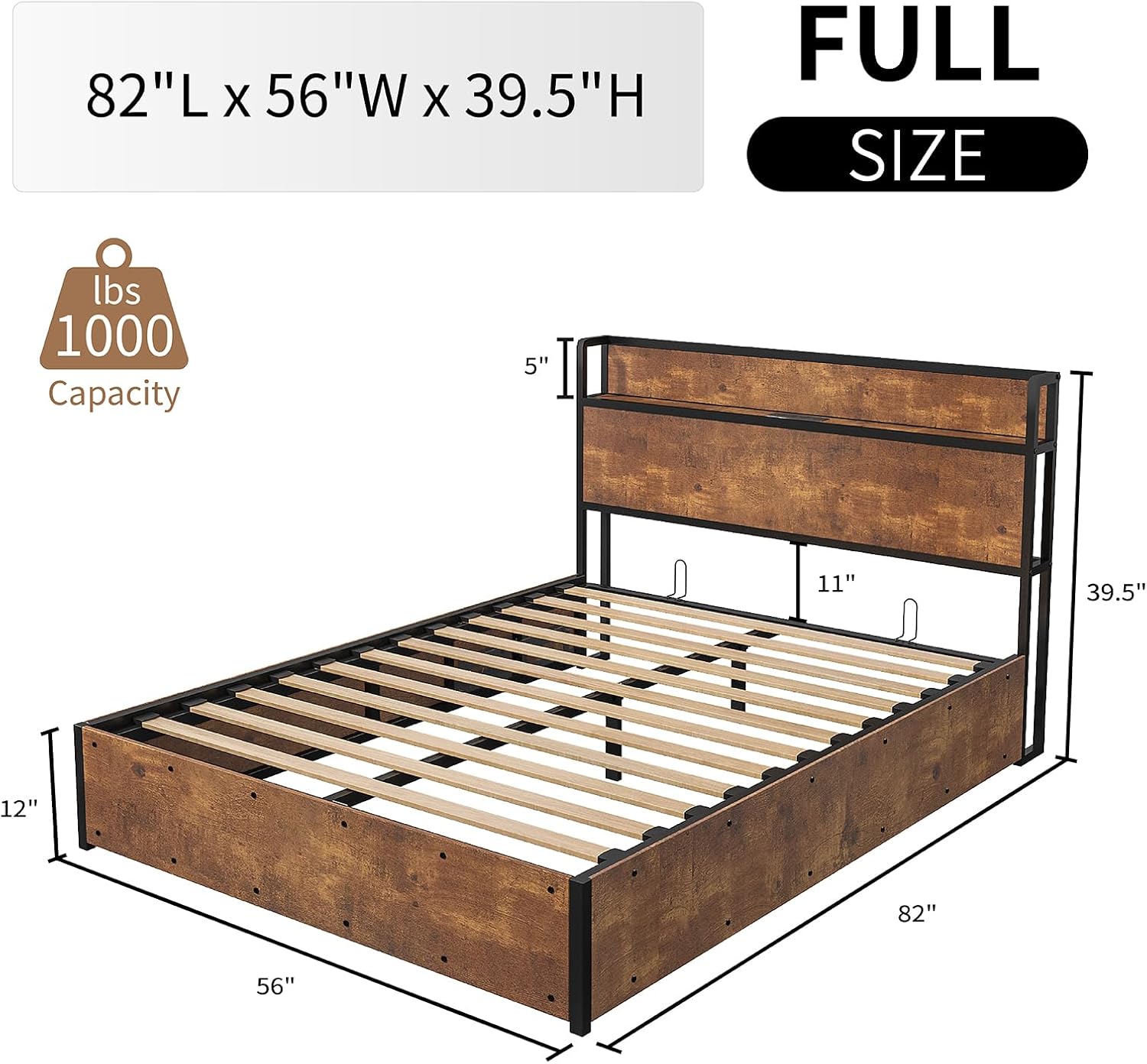 LUXOAK Full Size Lift Up Storage Bed, Wood Platform Bed Frame with Storage Headboard & Charging Station, No Box Spring Needed, Easy Assembly, Rustic Brown