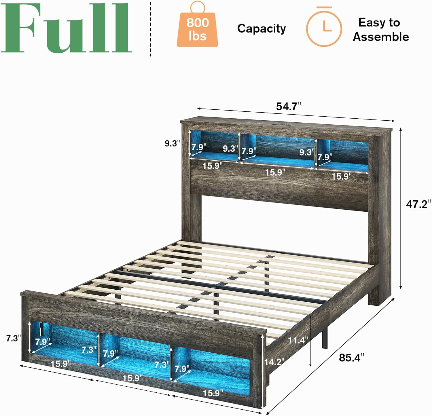 Albott Farmhouse Full Size Bed Frame with Storage/Bookcase Headboard & Footboard, Wood Platform Bed with LED Lights/Charging Station, Heavy-Duty Metal Support/No Box Spring Needed/Noise-Free, Gray
