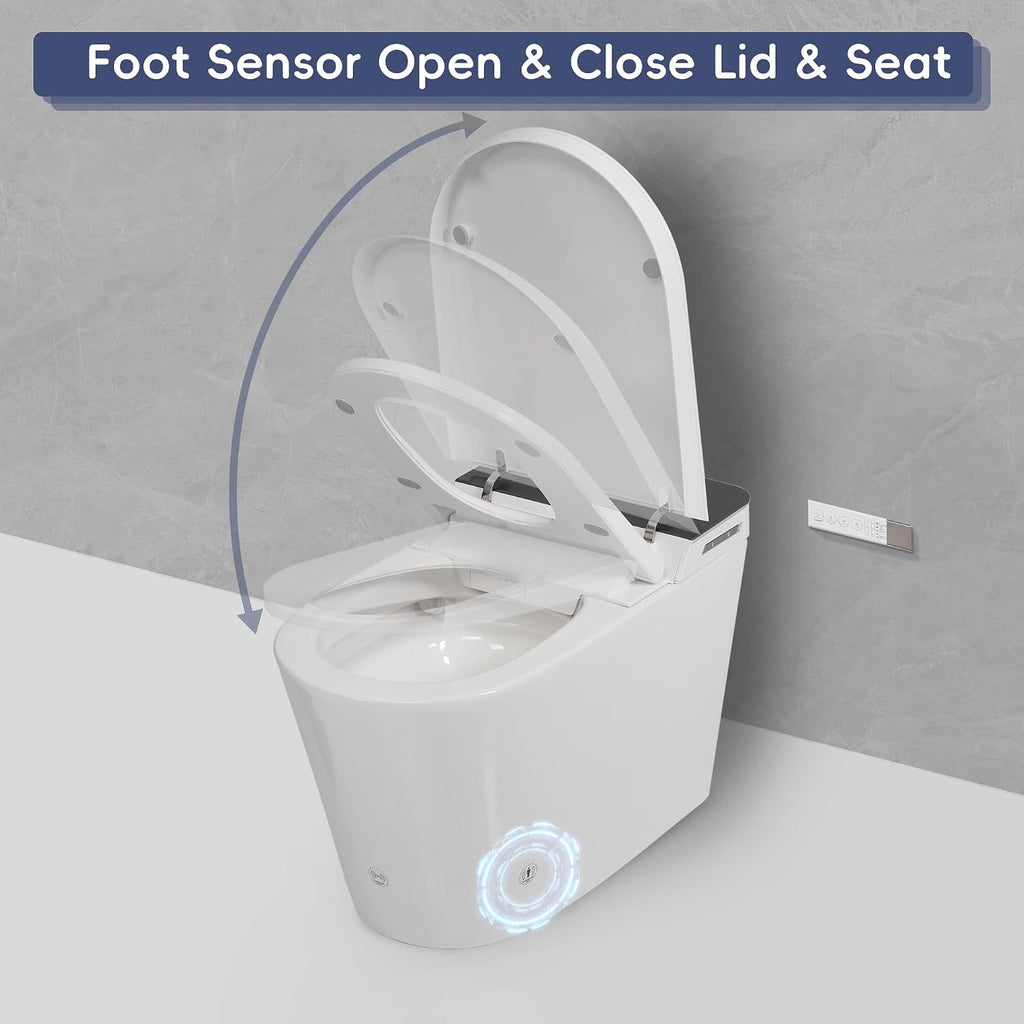 Tankless Smart Toilet with Bidet, Auto Lid, Foot Sensor, Heated Seat, Warm Water Wash & Dryer, Memory Function, Remote Control, LED Display, One-Piece White Ceramic Toilet