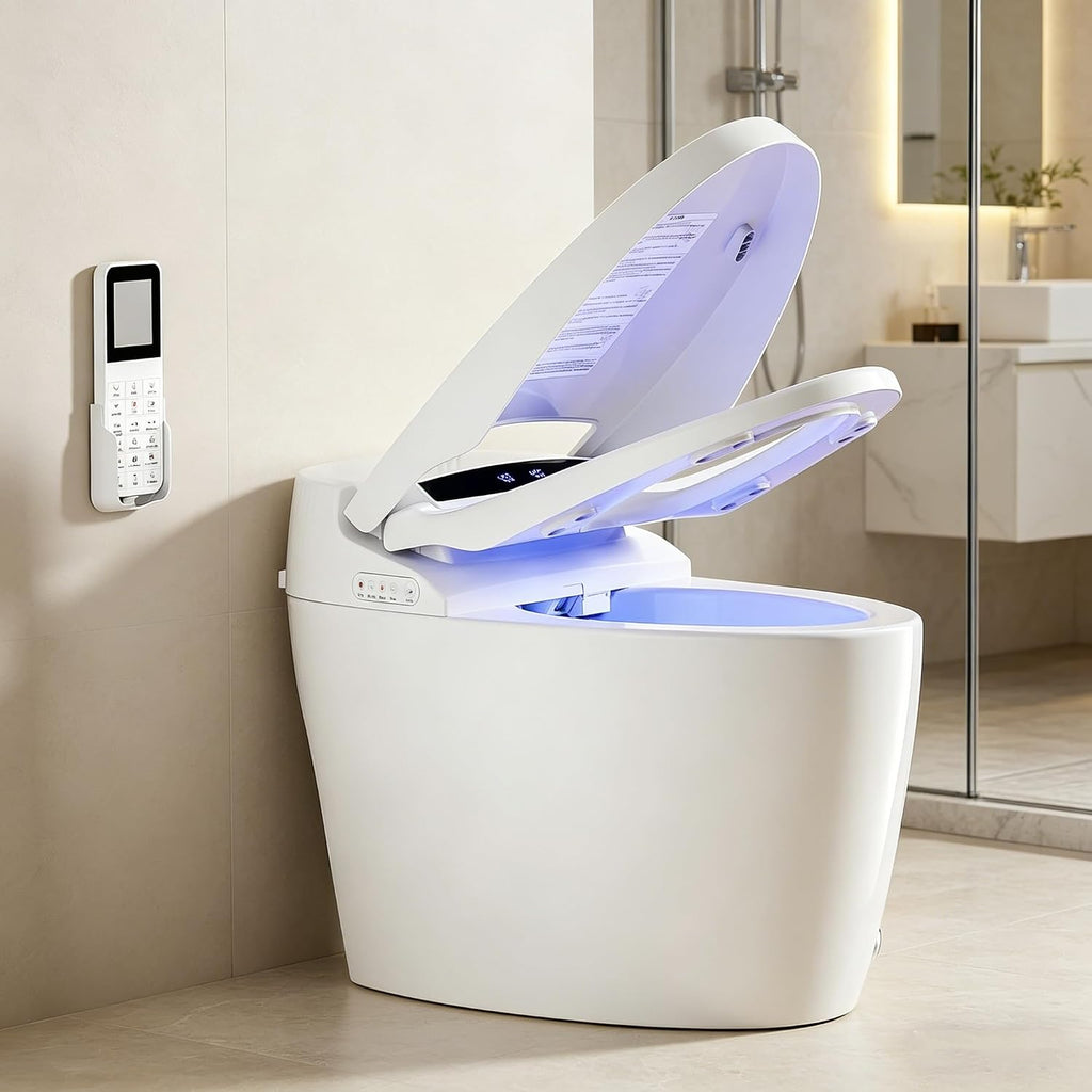 TDH Smart Toilet, Tankless Toilets with Foot Sensor Operation, Heated ToiletSeat with Warm Water Sprayer and Dryer, LED Display with Fahrenheit, ADA Comfort Height