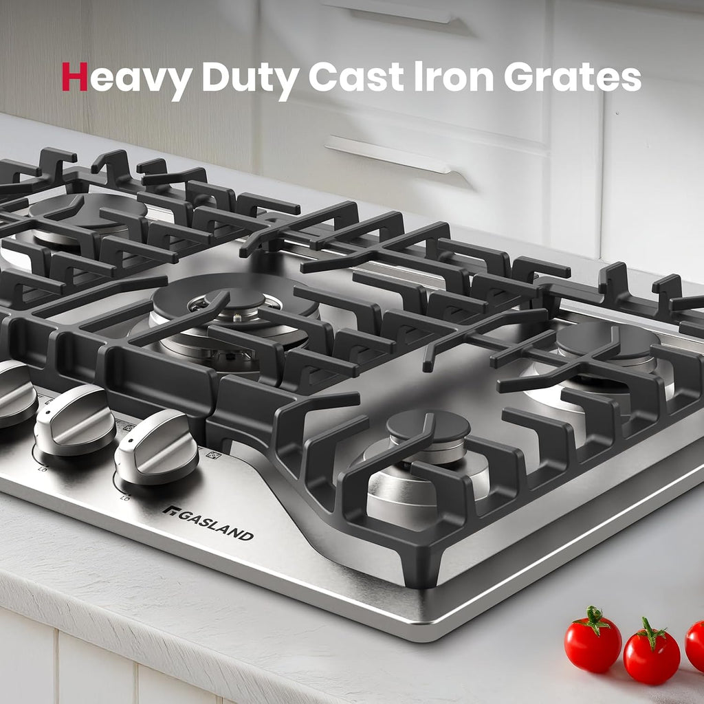 GASLAND Gas Cooktop 30 Inch, PRO GH3305SF 5 Burner Propane Stovetop with Reversible Cast Iron Grill/Griddle, Gas Countertop Plug-in, NG/LPG Convertible Cooktops, Stainless Steel