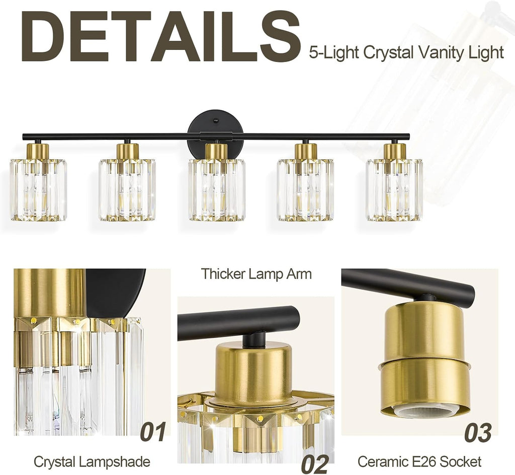 Crystal Bathroom Light Fixtures, Bathroom Lighting Fixtures Over Mirror, Modern Black Gold 5-Light Vanity Lights for Mirror,Restroom, Bedroom (Ceramic E26 Socket,Bulbs Not Include)