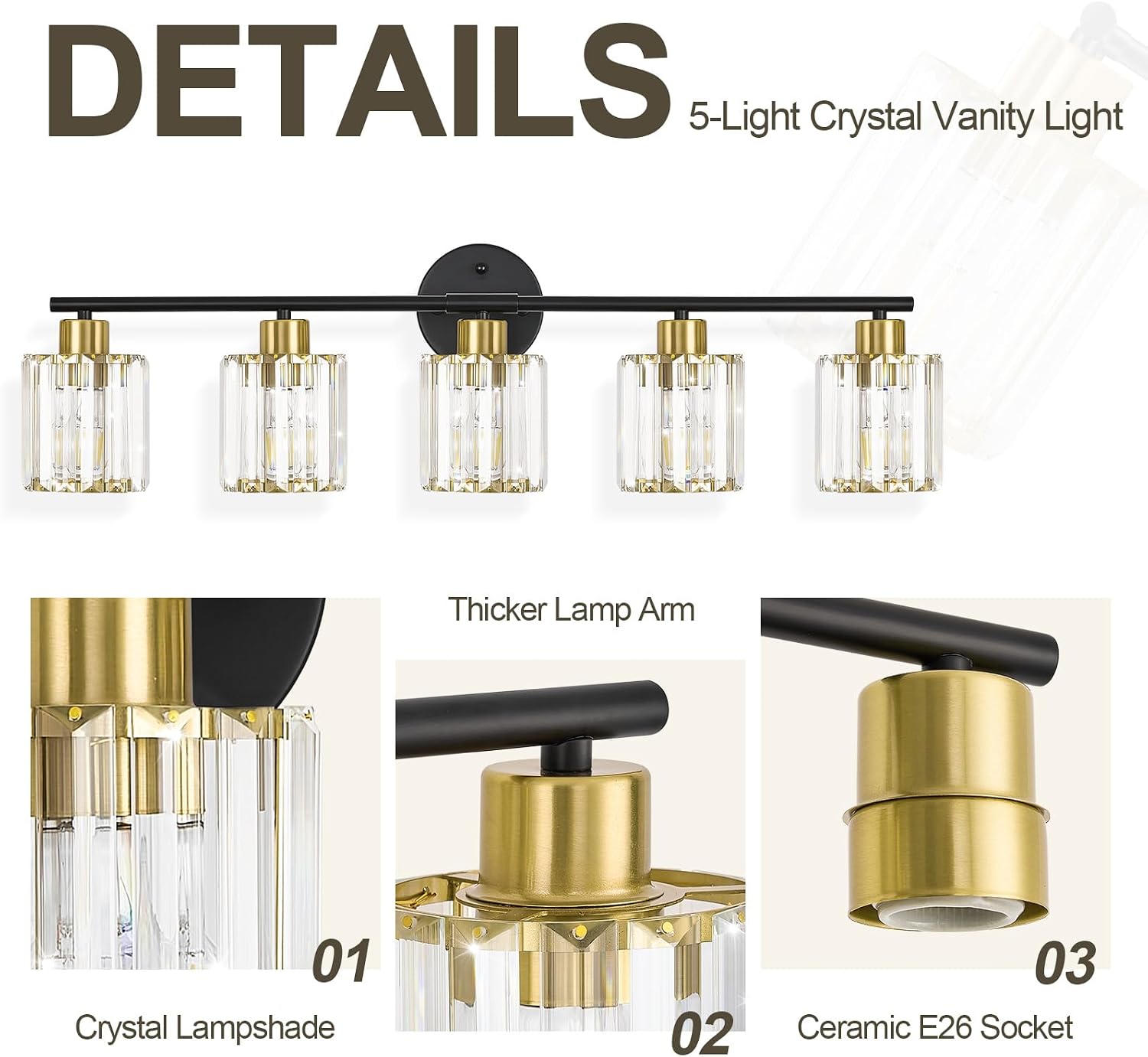 Crystal Bathroom Light Fixtures, Bathroom Lighting Fixtures Over Mirror, Modern Black Gold 5-Light Vanity Lights for Mirror,Restroom, Bedroom (Ceramic E26 Socket,Bulbs Not Include)