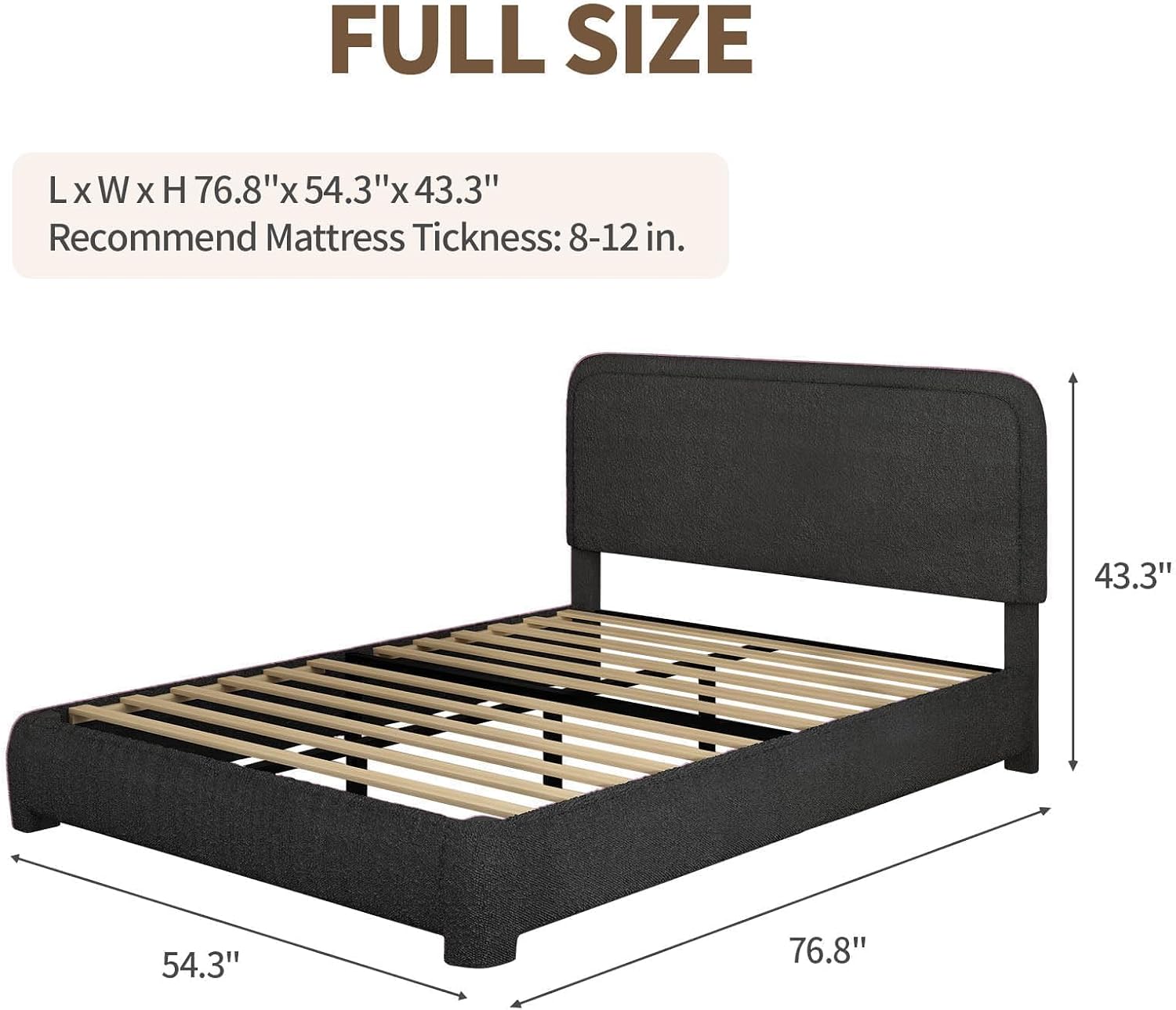 BarnFurin Full Size Bed Frame, Boucle Upholstered Platform Bed Frame with Headboard, Soft Rounded Corners, No Box Spring Required, Non-Slip and Noise-Free, Easy Assembly, Black