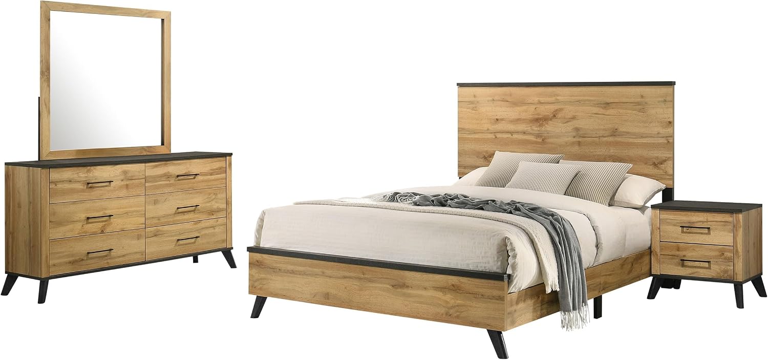 Coaster Home Furnishings Kaywood Mid-Century Modern 4-Piece Bedroom Set Full Size Panel Bed Frame 52-inch Headboard Weathered Brown and Natural Pine 225001F-S4