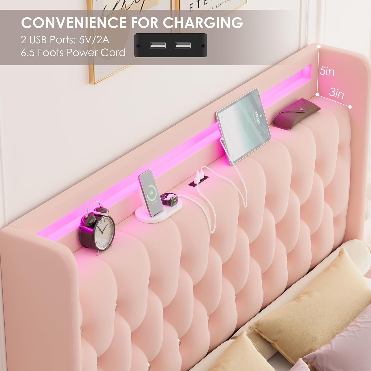 HIFIT Upholstered Full Size LED Bed Frame with Charging Station & 4 Storage Drawers, Velvet Crystal Button-Tufted Wingback Headboard, Princess Platform Bed Frames for Girls, No Box Spring Needed, Pink