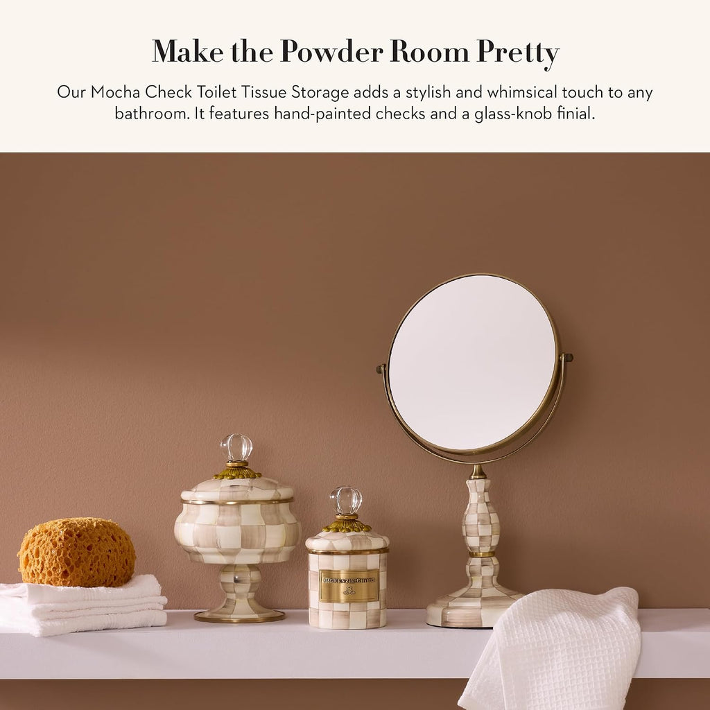 MACKENZIE-CHILDS Enamel Toilet Tissue Storage, Decorative Toilet-Paper Holder Stand for Bathroom, Brown-and-White Mocha Check