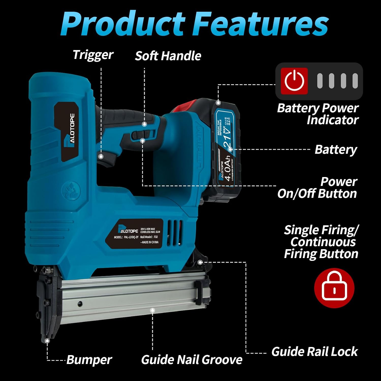 18 Gauge 21V Cordless Brad Nailer，Power Nailers with 2 x 4.0Ah Battery,Pistola De Clavos with 1200 Nails,2 Firing Modes,for Home Improvement,DIY, Woodworking