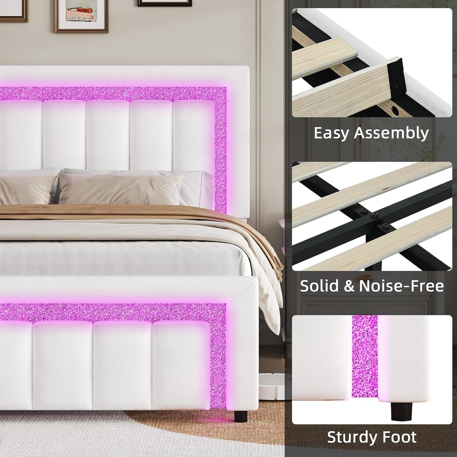 HOMBCK Twin Bed Frame with LED Lights and Velvet Upholstered Adjustable Headboard, Twin Size Bed Frames with Diamond Headboard & Footboard, Wood Slats Support, Noise Free, No Box Spring Needed, White