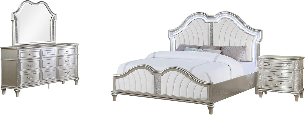 Coaster Home Furnishings Evangeline Modern Classic 4-Piece Bedroom Set Chenille Upholstered Queen Size LED Panel Bed Frame 64-inch Headboard Silver Oak 223391Q-S4