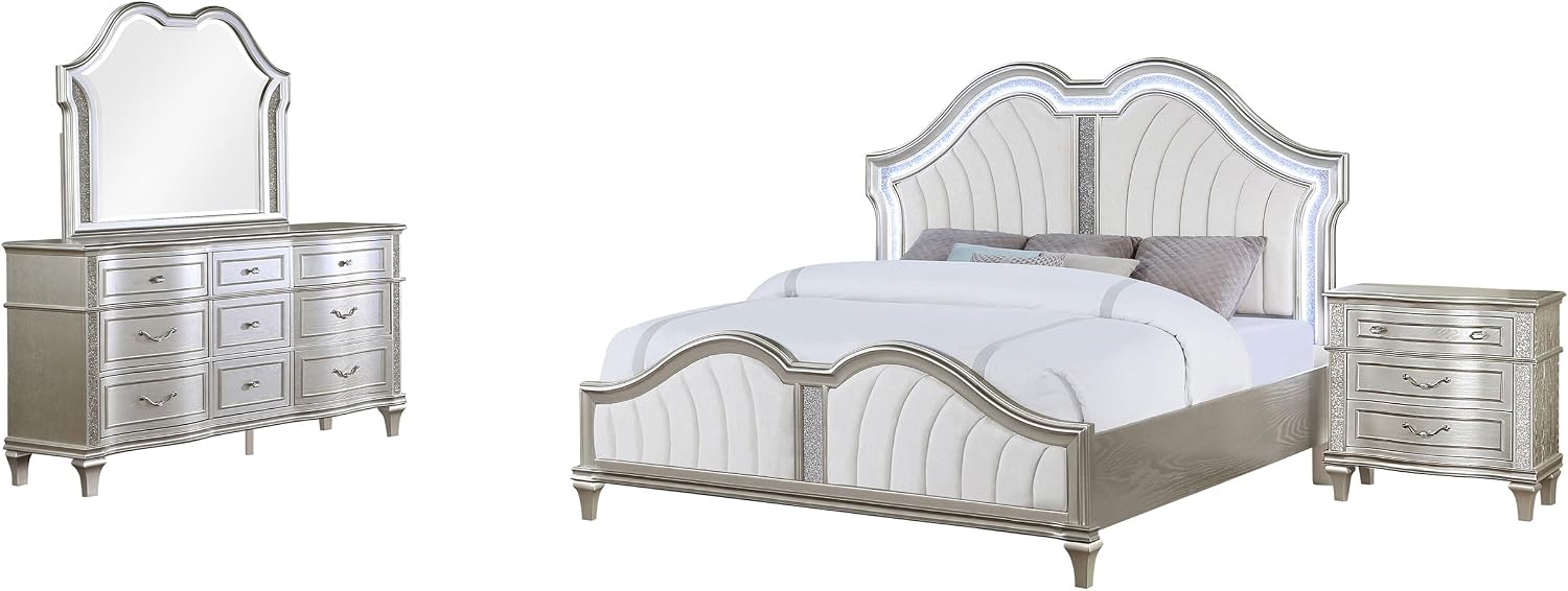 Coaster Home Furnishings Evangeline Modern Classic 4-Piece Bedroom Set Chenille Upholstered Queen Size LED Panel Bed Frame 64-inch Headboard Silver Oak 223391Q-S4