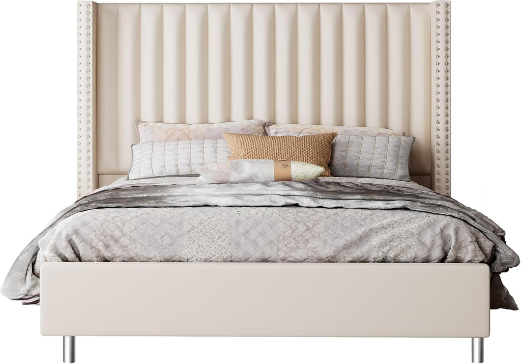 Jocisland King Bed Frame with 49.2' Tall Wingback Headboard,Velvet Upholstered Platform Bed for Cozy Master Bedrooms & Modern Homes,No Box Spring Needed, Easy Assembly, Cream