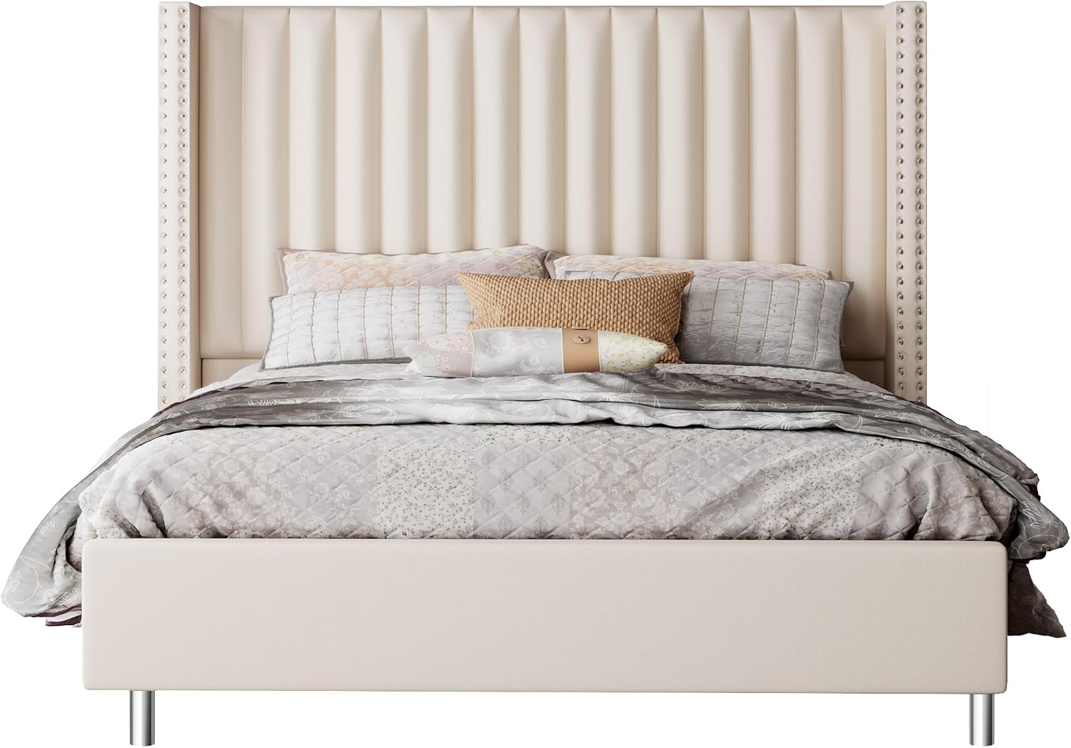 Jocisland King Bed Frame with 49.2' Tall Wingback Headboard,Velvet Upholstered Platform Bed for Cozy Master Bedrooms & Modern Homes,No Box Spring Needed, Easy Assembly, Cream