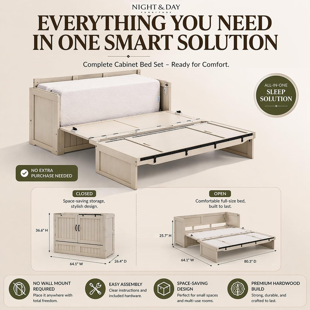 NIGHT & DAY Furniture Rustic Murphy Cube Cabinet Bed (Vintage White w/Ranchero Hardware, Queen)