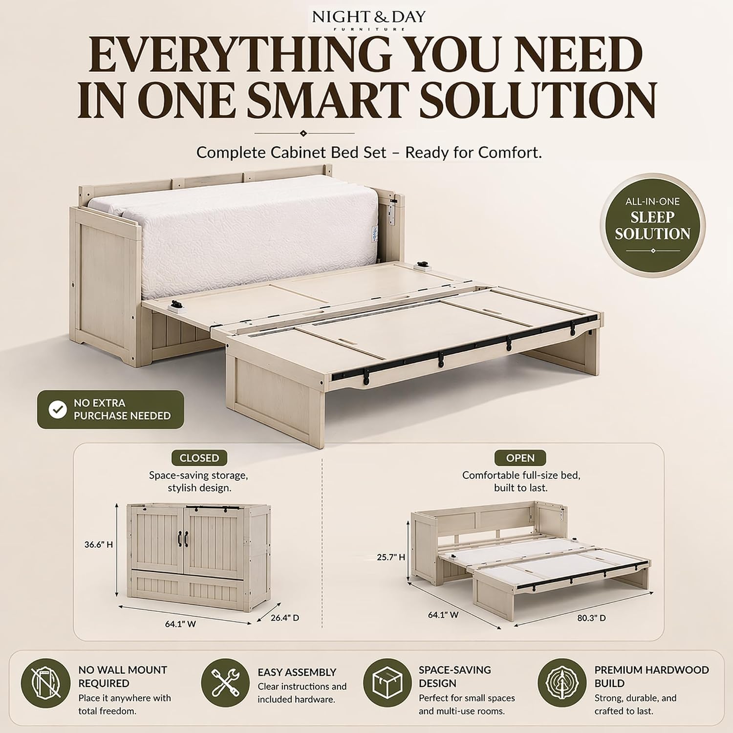 NIGHT & DAY Furniture Rustic Murphy Cube Cabinet Bed (Vintage White w/Ranchero Hardware, Queen)