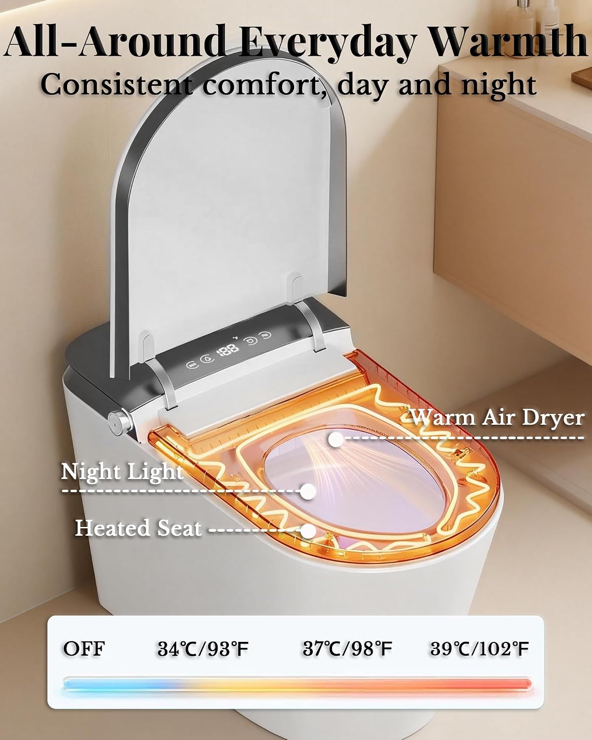EchosLife Luxury Smart Toilet with Bidet Built In, Auto Open/Close Lid & Seat, Blackout Flush, Foam Shield, Odor Control, ADA Comfort Height One Piece Elongated Toilet, Tank Built-In, Heated Seat