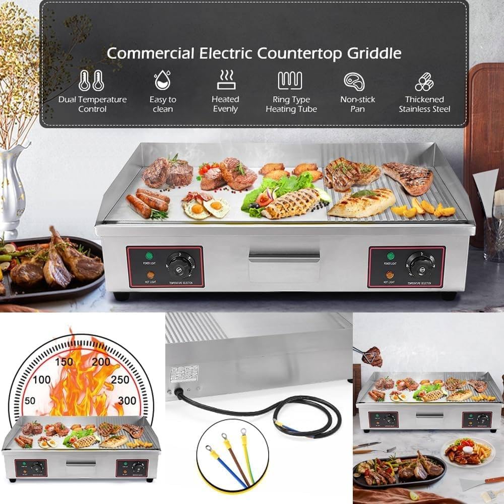 Commercial Electric Griddle Hot Cooking Plate, Commercial Stainless Steel Adjustable Countertop Hot Plate BBQ Grill, 220-240V 4400W Efficient (822)