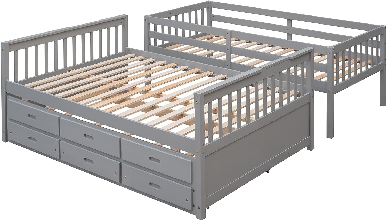 Harper & Bright Designs Twin Over Full Bunk Bed with Twin Size Trundle and 3 Storage Drawers, Solid Wood Bunk Bed Frame with Ladder, Grey