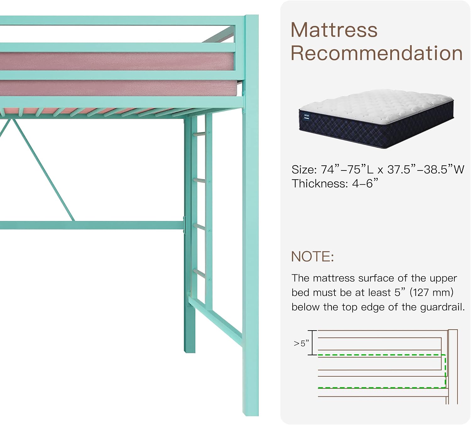 ikalido Metal Loft Bed Twin Size with Safety Guardrail and Ladder, No Box Spring Needed Space Saving Bedroom Furniture, Aqua Green