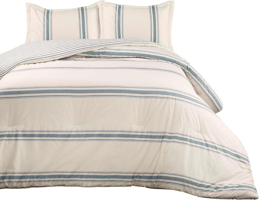 Lush Decor Farmhouse Stripe Reversible Cotton Comforter Set, 3 Piece Set, Full/ Queen, Blue - Cozy F𝐚rmhouse Bedding Set - Rustic Decor - Striped Comforter - Modern Farmho𝐮se Bedroom Decor