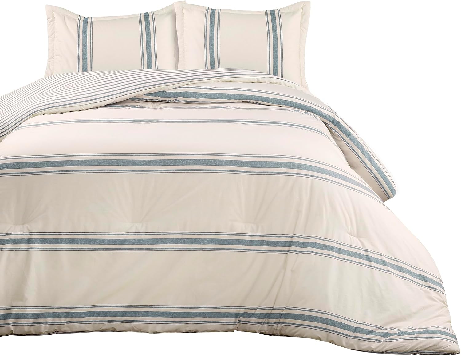 Lush Decor Farmhouse Stripe Reversible Cotton Comforter Set, 3 Piece Set, Full/ Queen, Blue - Cozy F𝐚rmhouse Bedding Set - Rustic Decor - Striped Comforter - Modern Farmho𝐮se Bedroom Decor