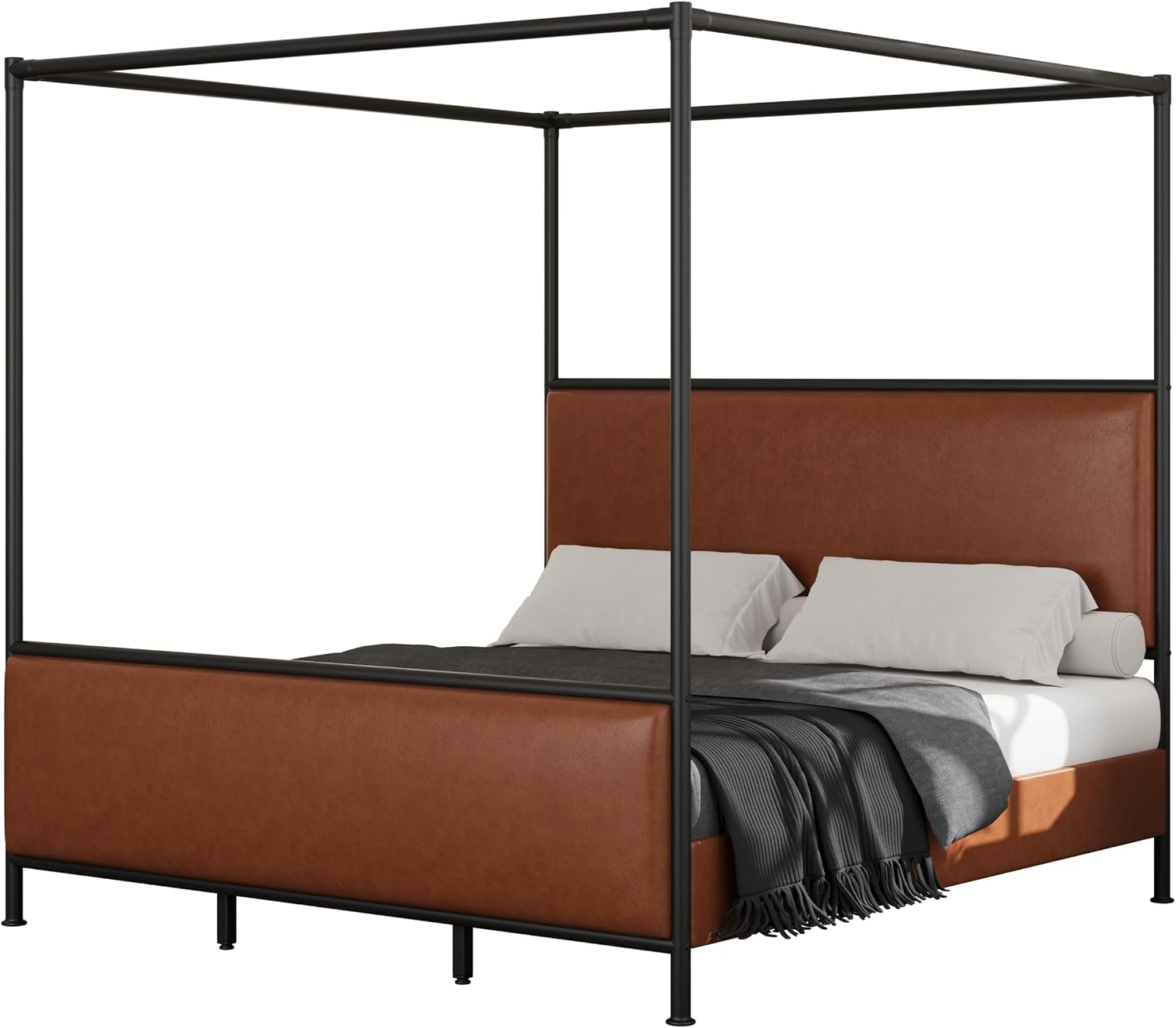King Size Canopy Bed with Upholstered Headboard, Tall Four Poster Platform Bed for Bedroom (Brown+Black, King)