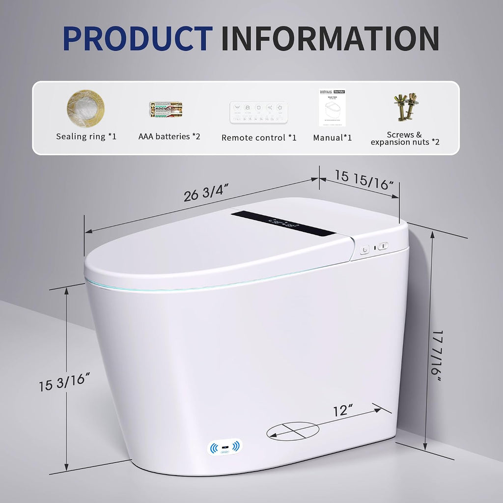 DeerValley Smart Toilet with Bidet Built in - Powerful Auto Flush, Auto Open/Close Lid, Heated Seat & Instant Warm Water Bidet, LED Display, Deodorization, 12' Rough-In, DV-1S0159-V3