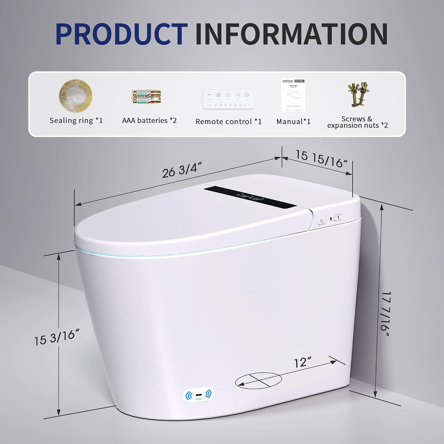 DeerValley Smart Toilet with Bidet Built in - Powerful Auto Flush, Auto Open/Close Lid, Heated Seat & Instant Warm Water Bidet, LED Display, Deodorization, 12' Rough-In, DV-1S0159-V3