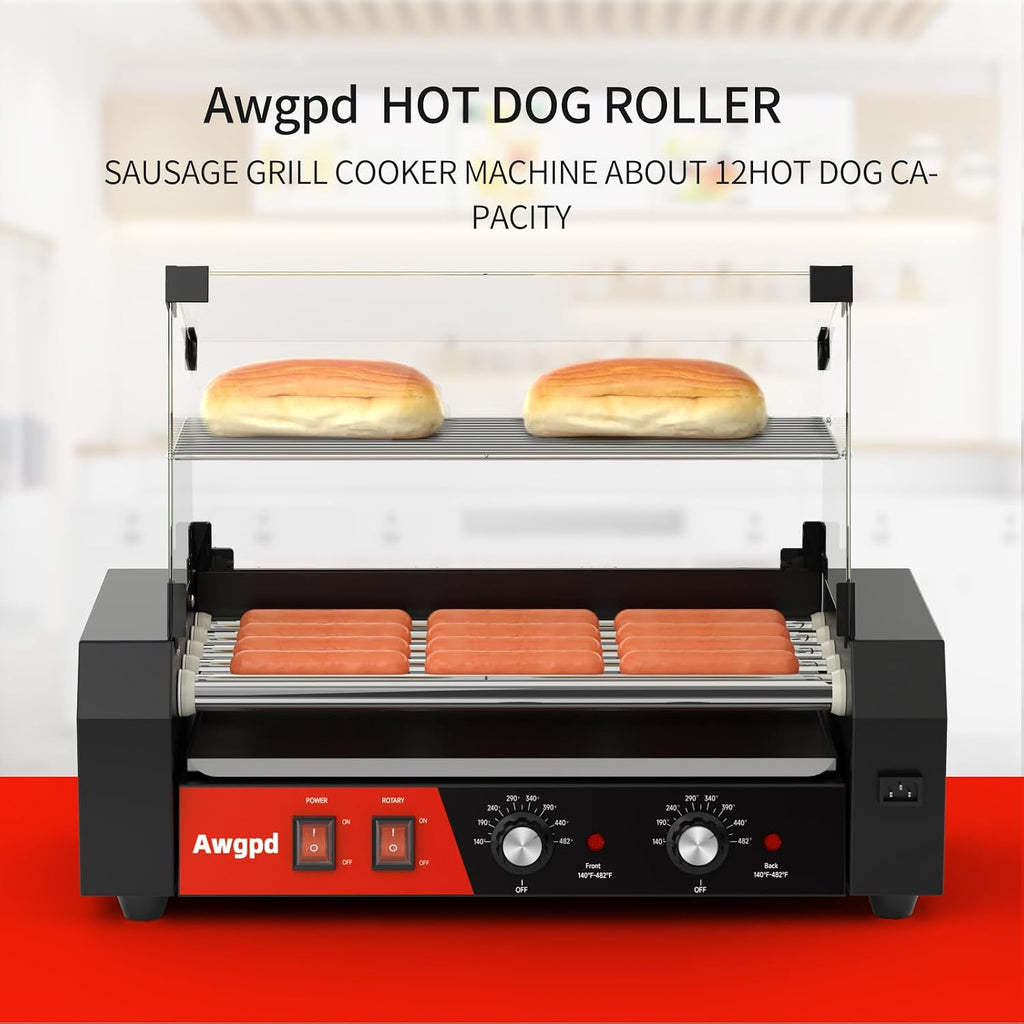 Hot Dog Roller Machine, Hot Dog Roller 5 Rollers 12 Hot Dogs Capacity, Hot Dog Roller with Glass Cover, Drip Tray, Dual Temperature Control for Commercial and Household Use (5 Rollers+Cover)