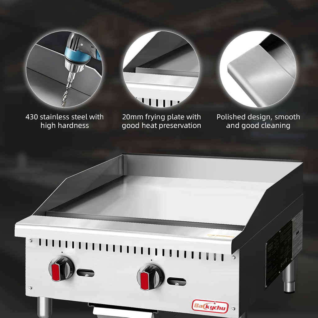 Commercial Gas Griddle - 24' Countertop Griddle. 60,000 BTU Flat Top Griddle, Natural Gas (NG) / Propane, CSA Certified