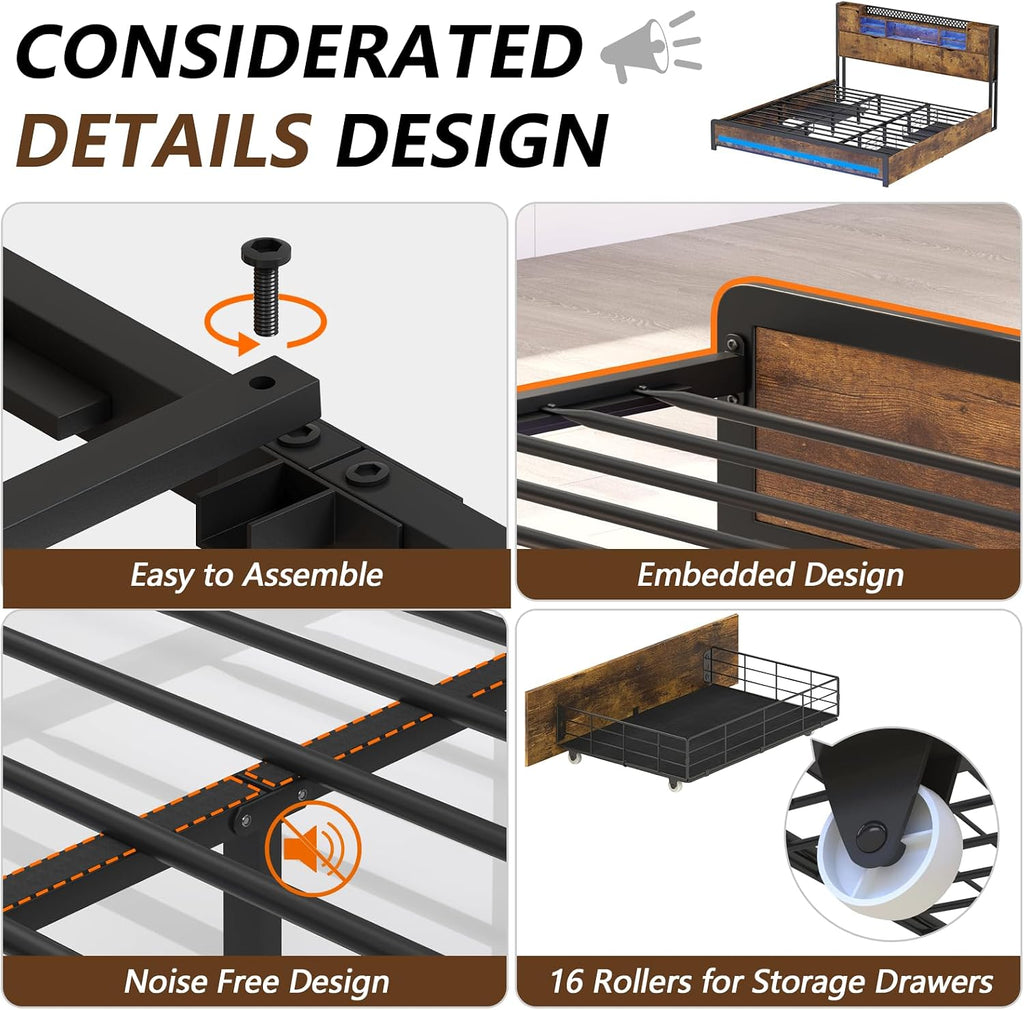 CSZZD King Size Bed Frame with Storage Drawers and Bookcase Headboard, Wooden Platform King Bed with LED Lights and Charging Station, Hidden Storage, No Box Spring Needed/Noise Free, Vintage Brown