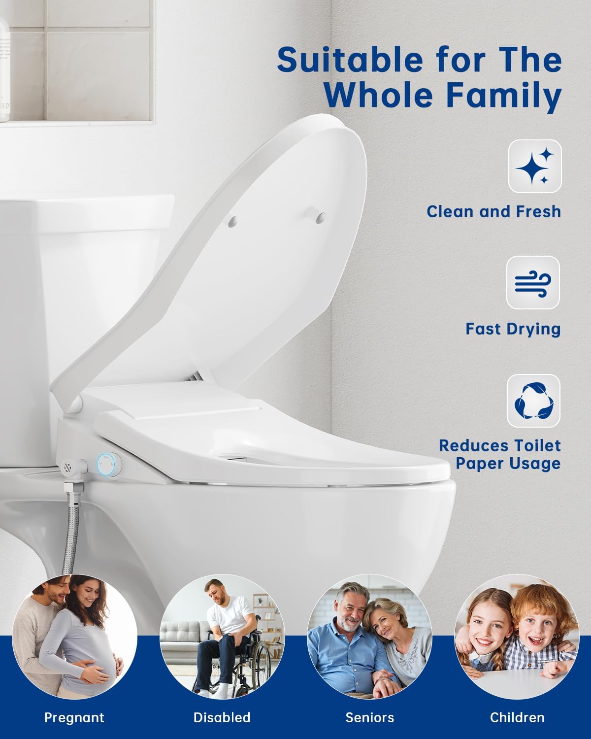 Heated Smart Toilet Seat with Feminine Wash & Dryer, Elongated Bidet with Adjustable Water Temperature, Pressure & Nozzle Position, Easy Installation & Soft-Close Lid for Modern Bathrooms