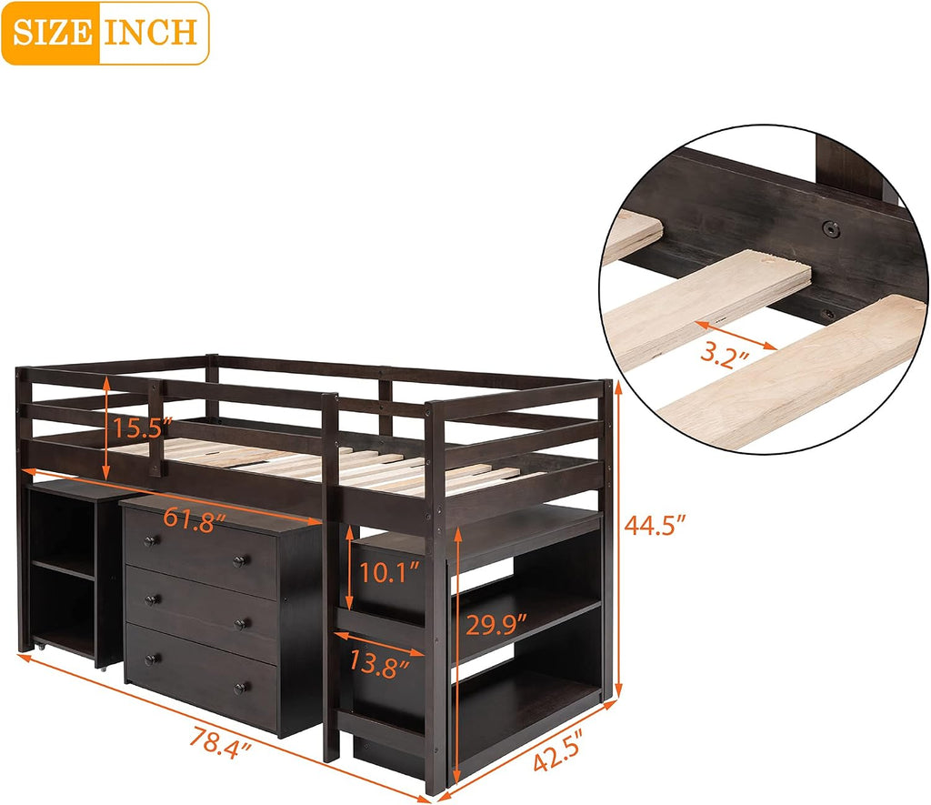 Harper & Bright Designs Wood Twin Size Loft Bed with Desk and Storage Cabinet, Low Loft Bed with Storage Drawers for Kids Teens Girls Boys, No Box Spring Needed, Space Saving, Espresso