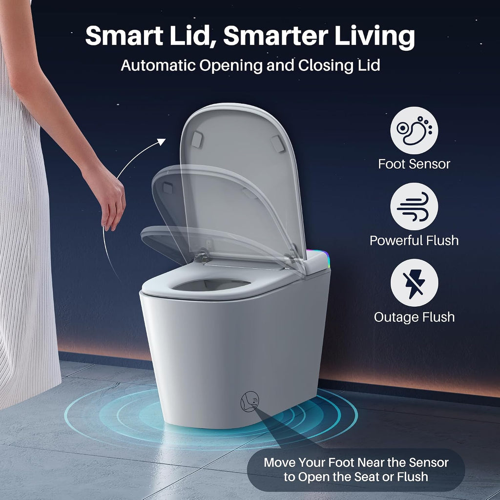 Luxury Smart Toilet with Built-in Tank & Bidet– Ultra-Quiet 4s Flush, Foam Shield for Splash-Free, Auto Open/Close Lid, Foot Sensor, Dual User Memory, 12' Rough-In One-Piece Elongated(ZY760A)