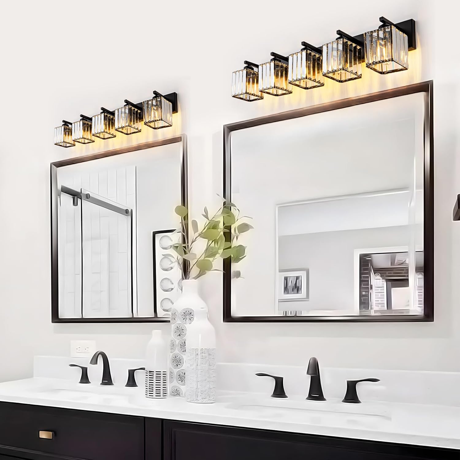 Black Crystal Bathroom Lighting Fixtures, 5 Light Modern Crystal Bathroom Vanity Lights Over Mirror, Wall Light Bathroom Light Fixtures