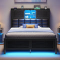 Rolanstar Bed Frame Twin Size with Charging Station, Bookcase Headboard Bed with LED Light and Sliding Doors, Platform Bed with Wooden Slats, No Box Spring Needed, Noise Free, Black