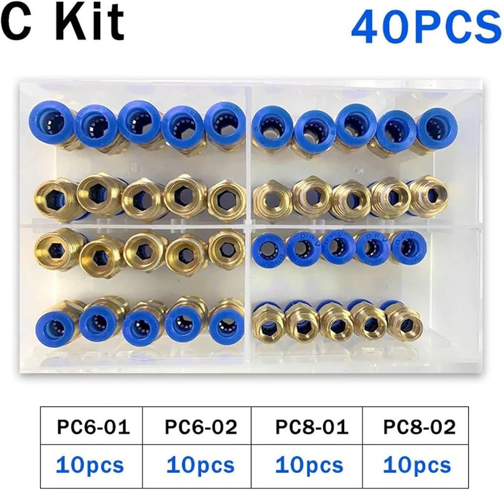 PC6-02 PC8-02 PC10-02 PC Series Boxed Air Joint Connectors Hose Tube Pneumatic Fittings 1/4 1/8 Push in Quick Release Couplings(C kit (40pcs),5 BOXES)