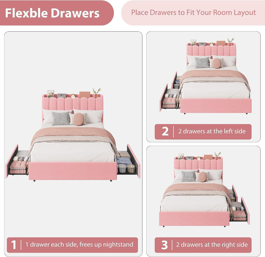 Garvee LED Full Size Bed Frame with Storage Headboard, Kids Bed Frame with 2 Drawers, Boucle Upholstered Platform Bed for Girls, Chic Wavy Headboard with Bookcase, No Box Spring Needed, Pink