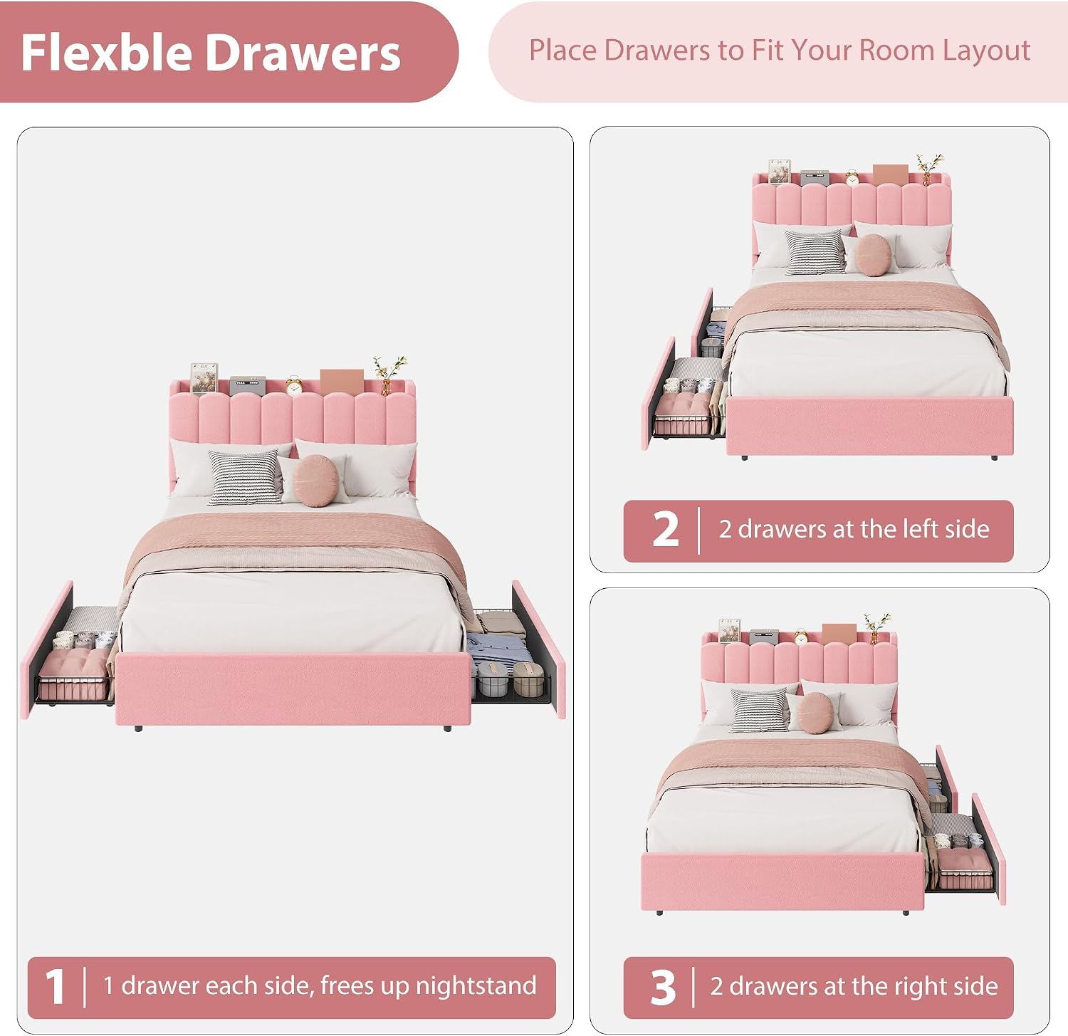 Garvee LED Full Size Bed Frame with Storage Headboard, Kids Bed Frame with 2 Drawers, Boucle Upholstered Platform Bed for Girls, Chic Wavy Headboard with Bookcase, No Box Spring Needed, Pink