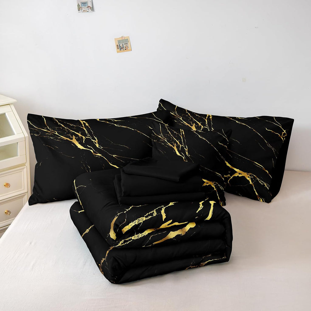 Merryword 8 Pcs Bed in a Bag Comforter Set - California King Size Black Gold Marble Bedding Set