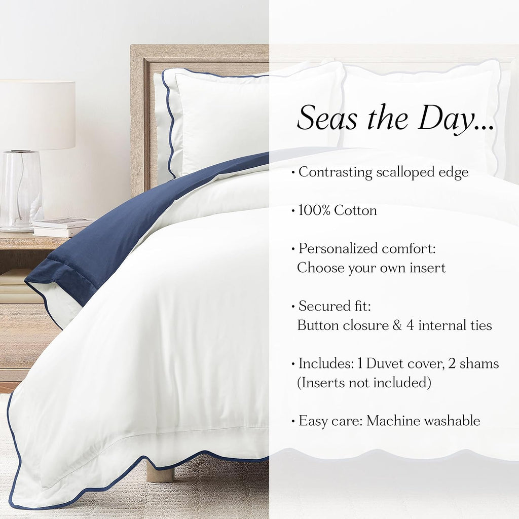 Lush Decor Coastal Chic Scalloped Edge Cotton Duvet Cover Set, 3 Piece Set, Full/Queen, Neutral & White - Queen Bedding Set - White Duvet Cover Queen - Coastal Decor