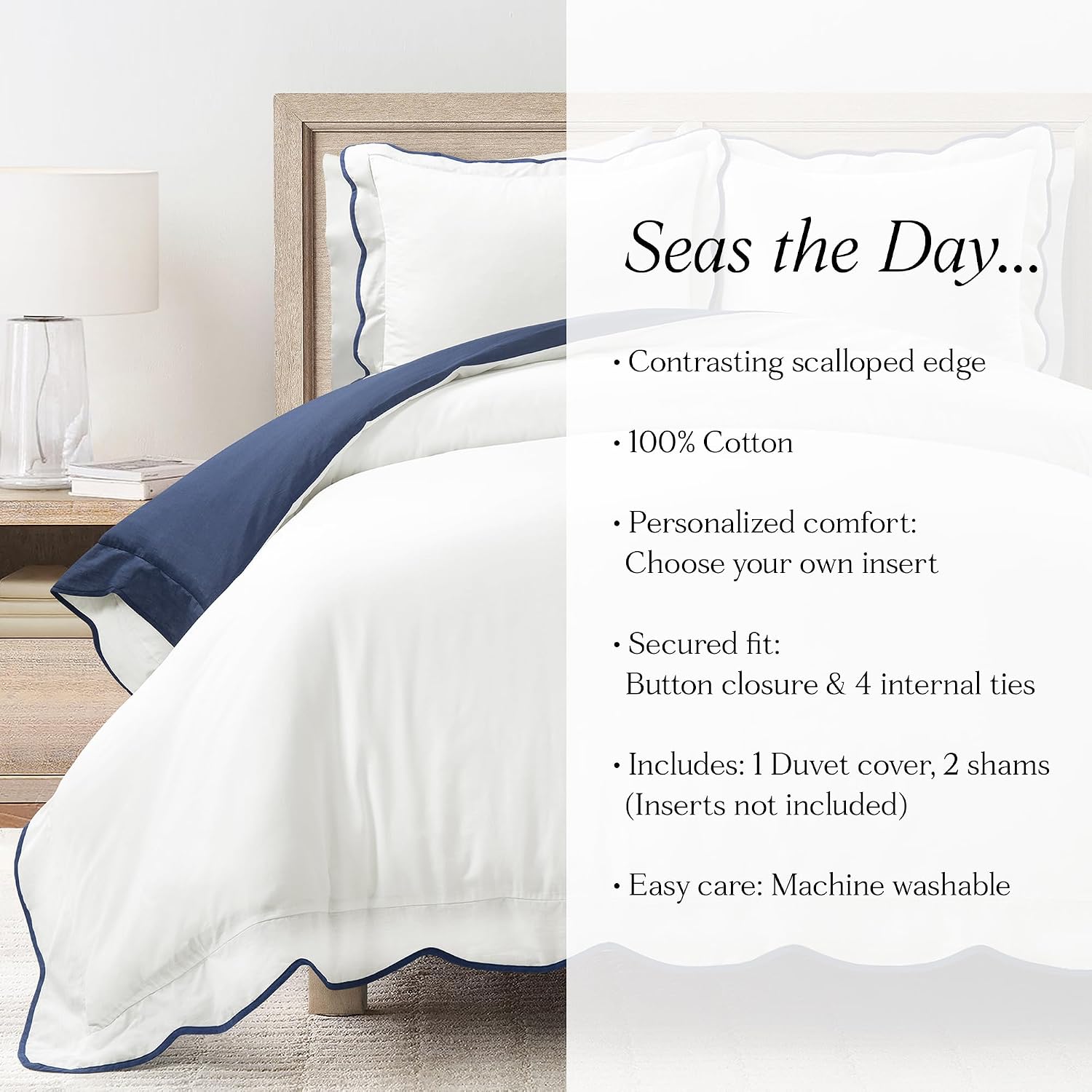 Lush Decor Coastal Chic Scalloped Edge Cotton Duvet Cover Set, 3 Piece Set, King, Navy & White - King Bedding Set - White Duvet Cover King - Coastal Decor